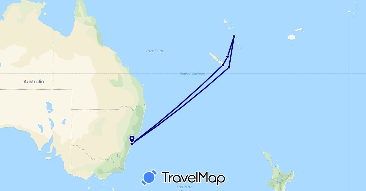 TravelMap itinerary: driving in Australia, New Caledonia, Vanuatu (Oceania)
